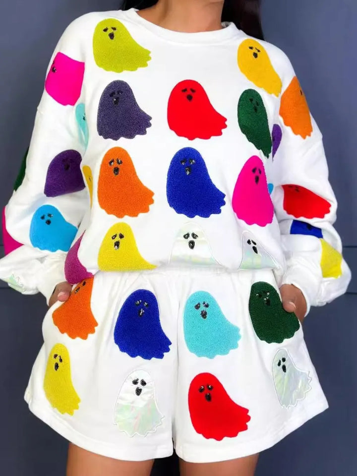 Ghost Printed Round Neck Long Sleeve Top and Shorts Set 