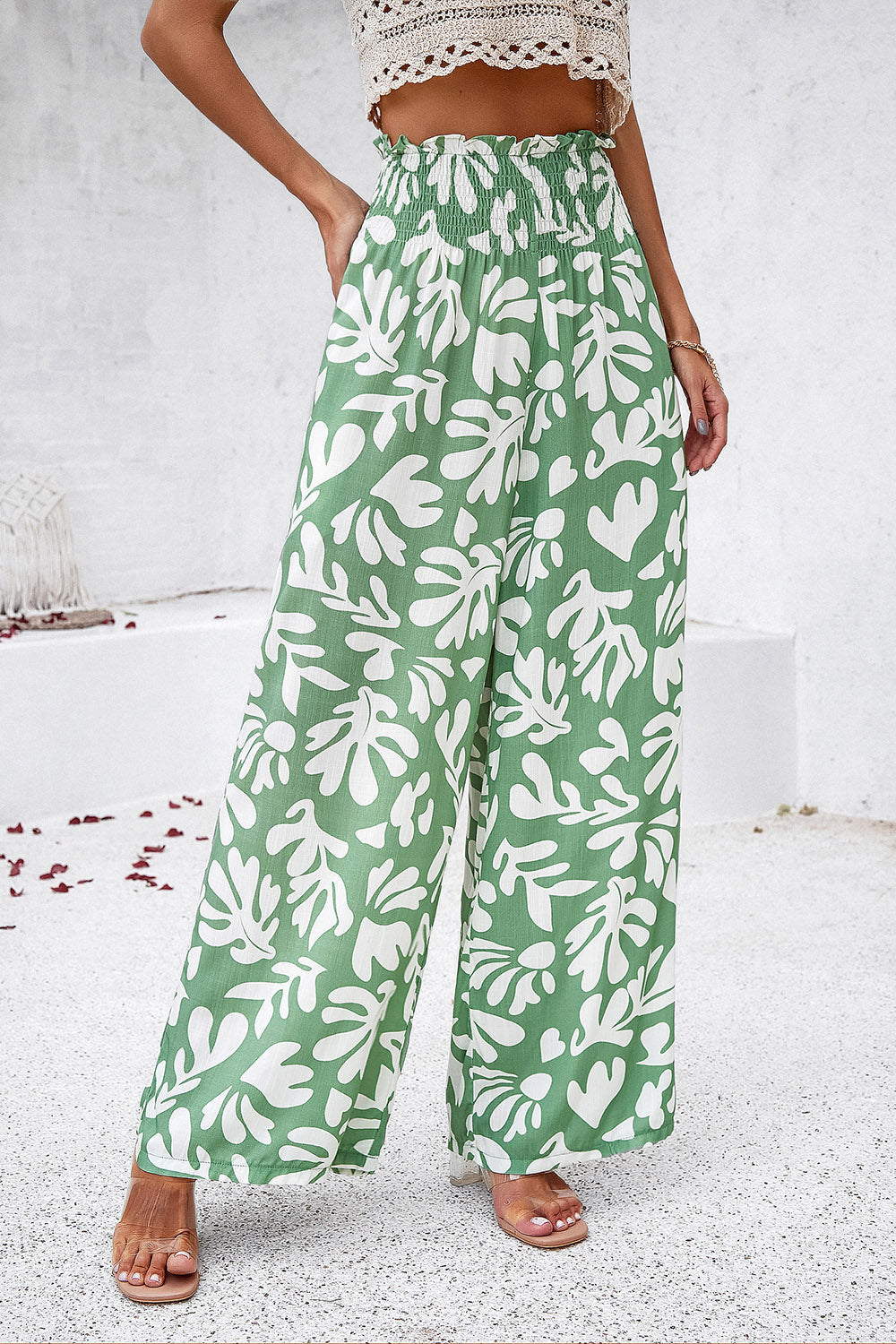 Devine Smocked Printed Wide Leg Pants with Pockets 