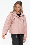 How Dare U Drawstring Hem PU Leather Zip Up Jacket 