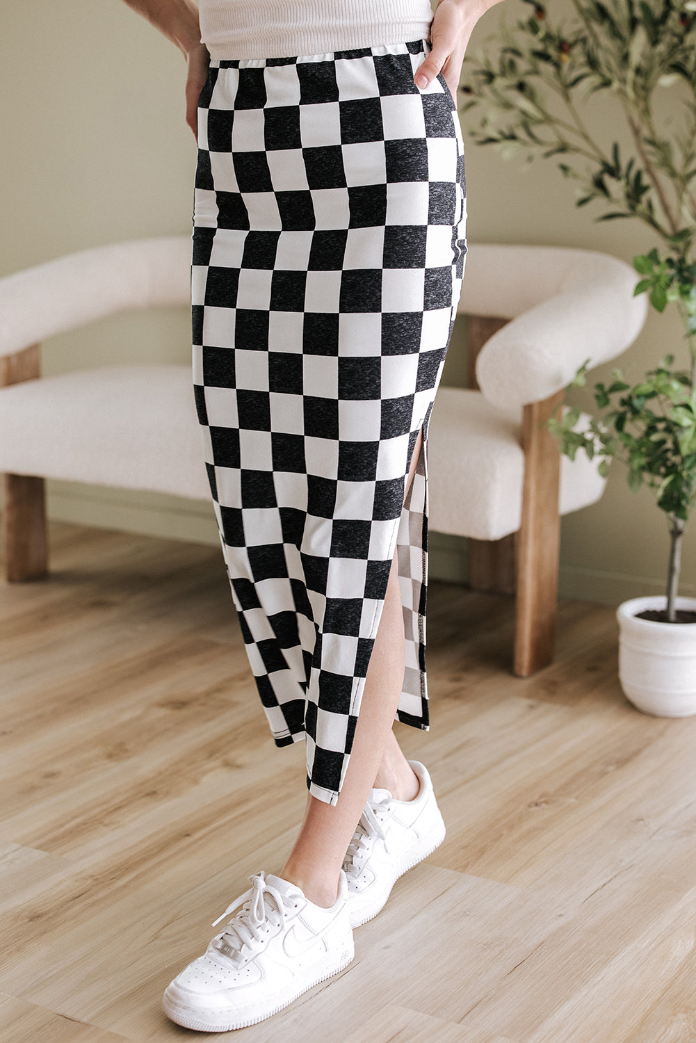 White Checkered Print Side Slit High Waist Midi Skirt Bottoms/Skirts & Petticoat