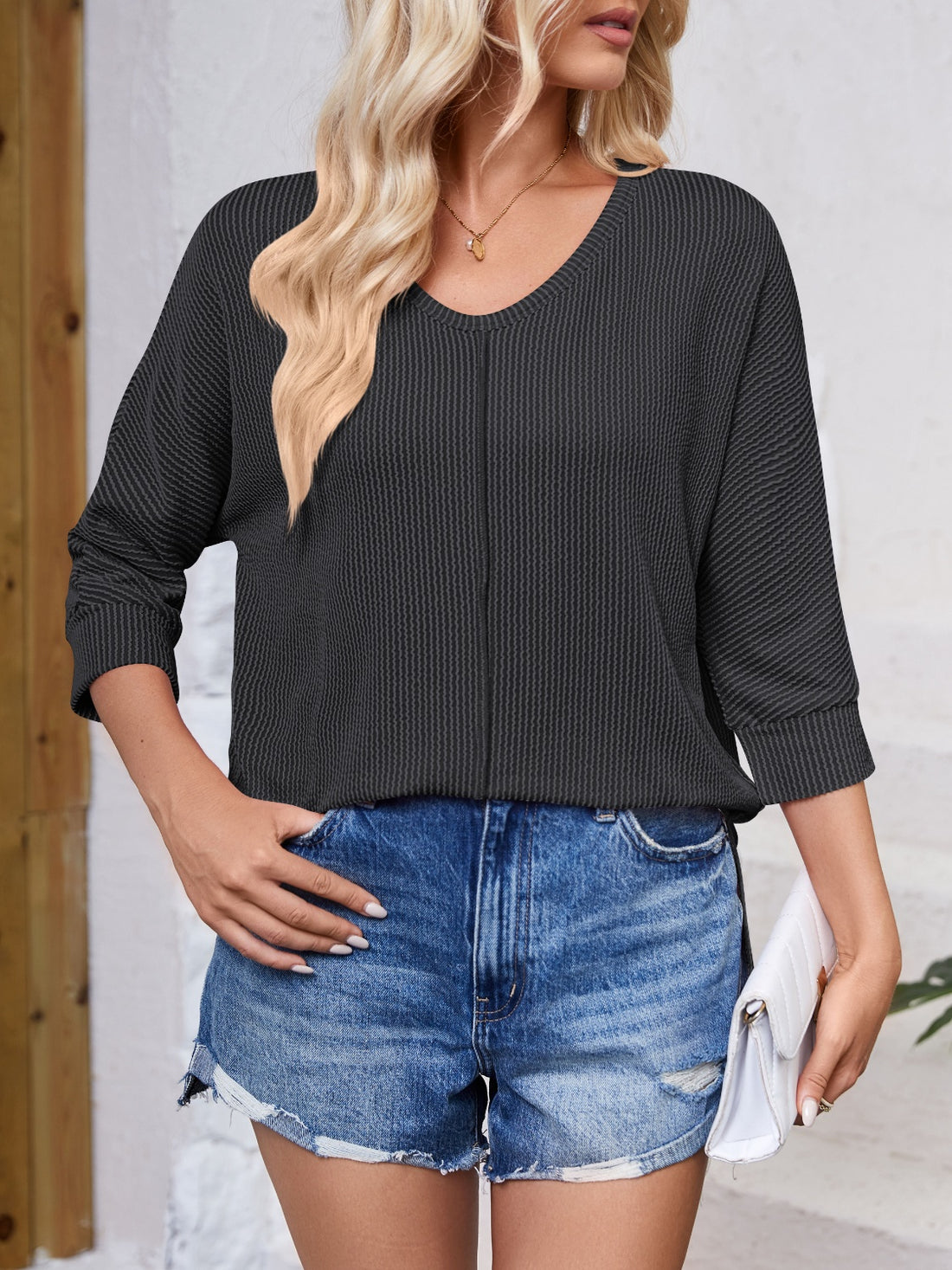 Lovelet Textured Round Neck Three-Quarter Sleeve Blouse 