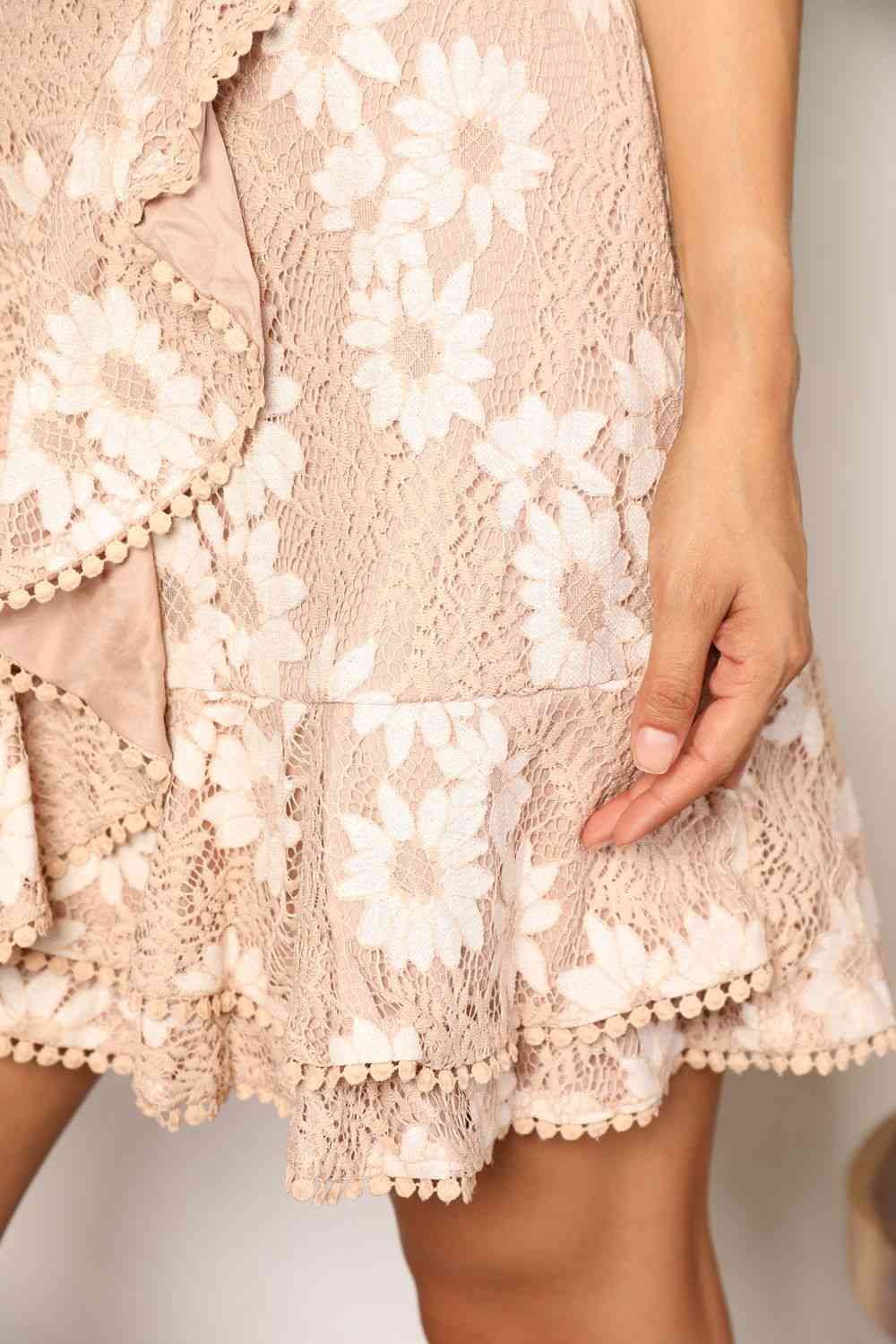 Double Take Floral Lace Pompom Detail Tie-Waist Flutter Sleeve Dress 