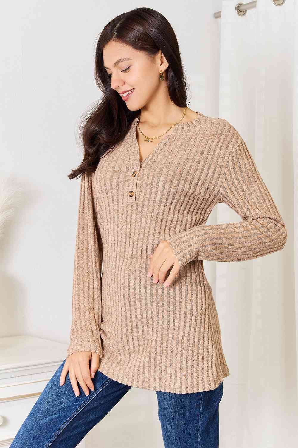 Double Take Notched Neck Ribbed Long Sleeve T-Shirt 