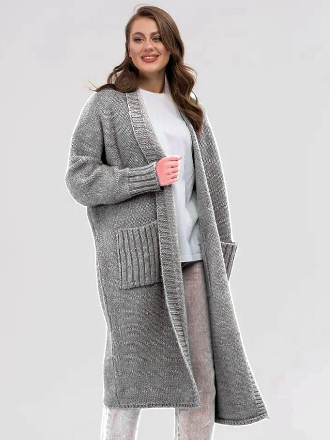 Pocketed Open Front Long Sleeve Longline Cardigan 