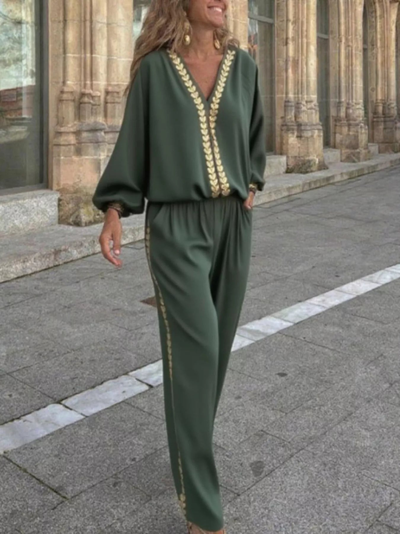 Full Size Contrast Trim V-Neck Top and Pants Set Plus Size 