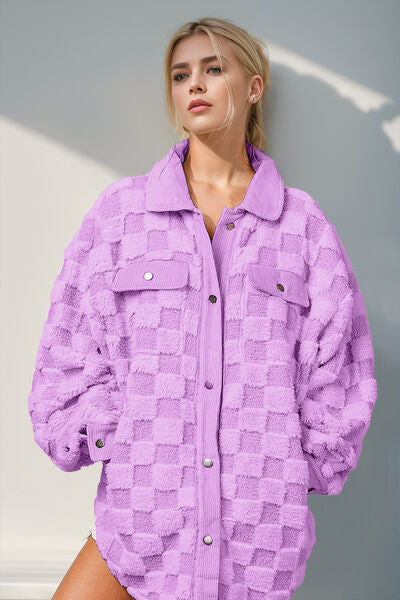 Double Take Button Up Fuzzy Checkered Shacket 