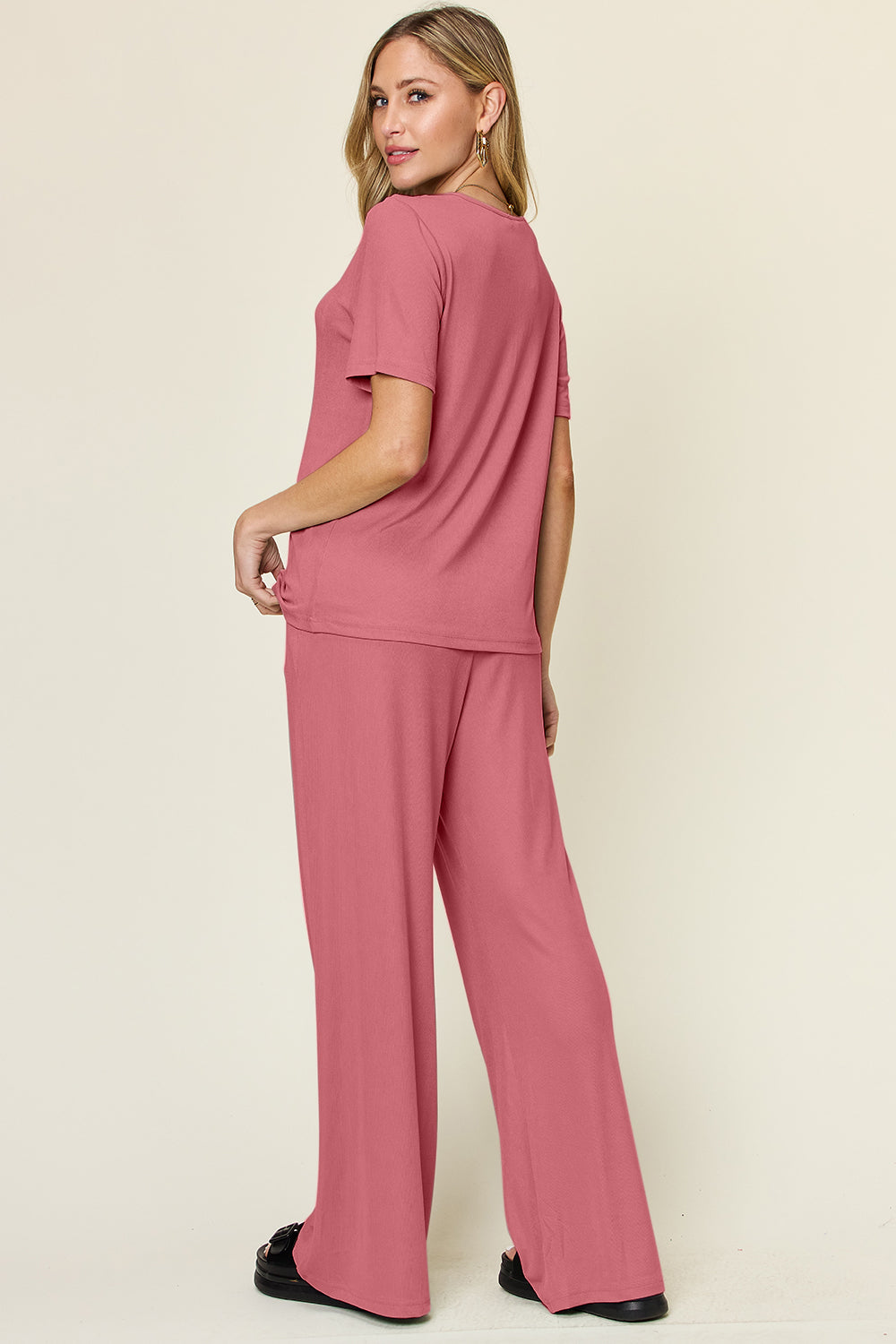 Double Take Full Size Round Neck Short Sleeve T-Shirt and Wide Leg Pants Set 
