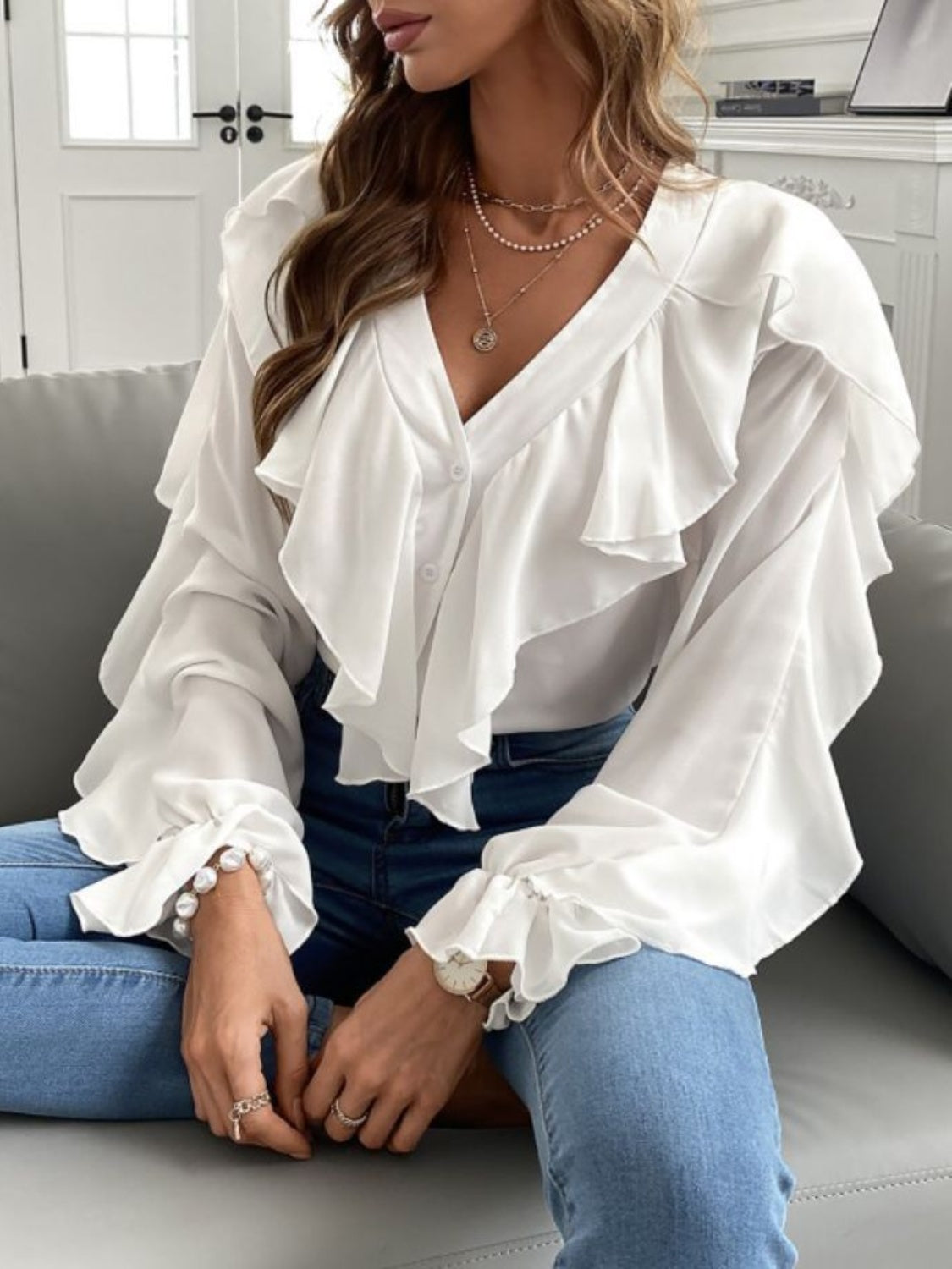 Full Size Ruffled V-Neck Button Down Flounce Sleeve Blouse 