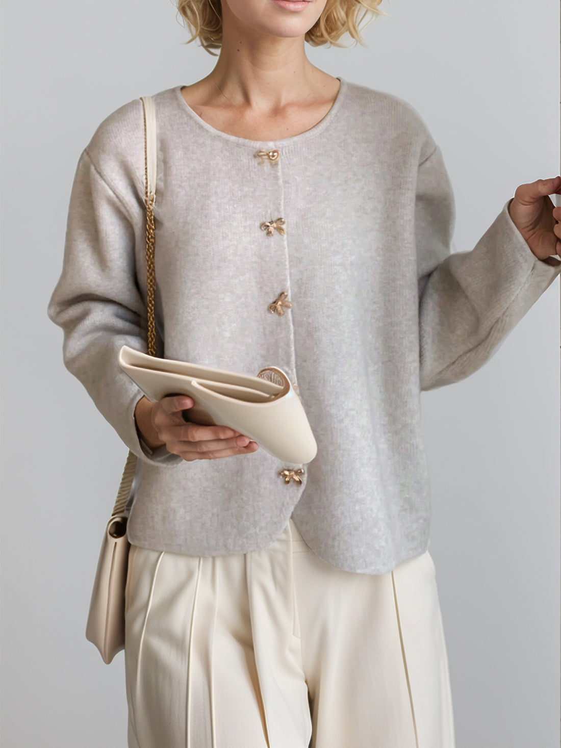 Bow Button Down Round Neck Long Sleeve Cardigan 