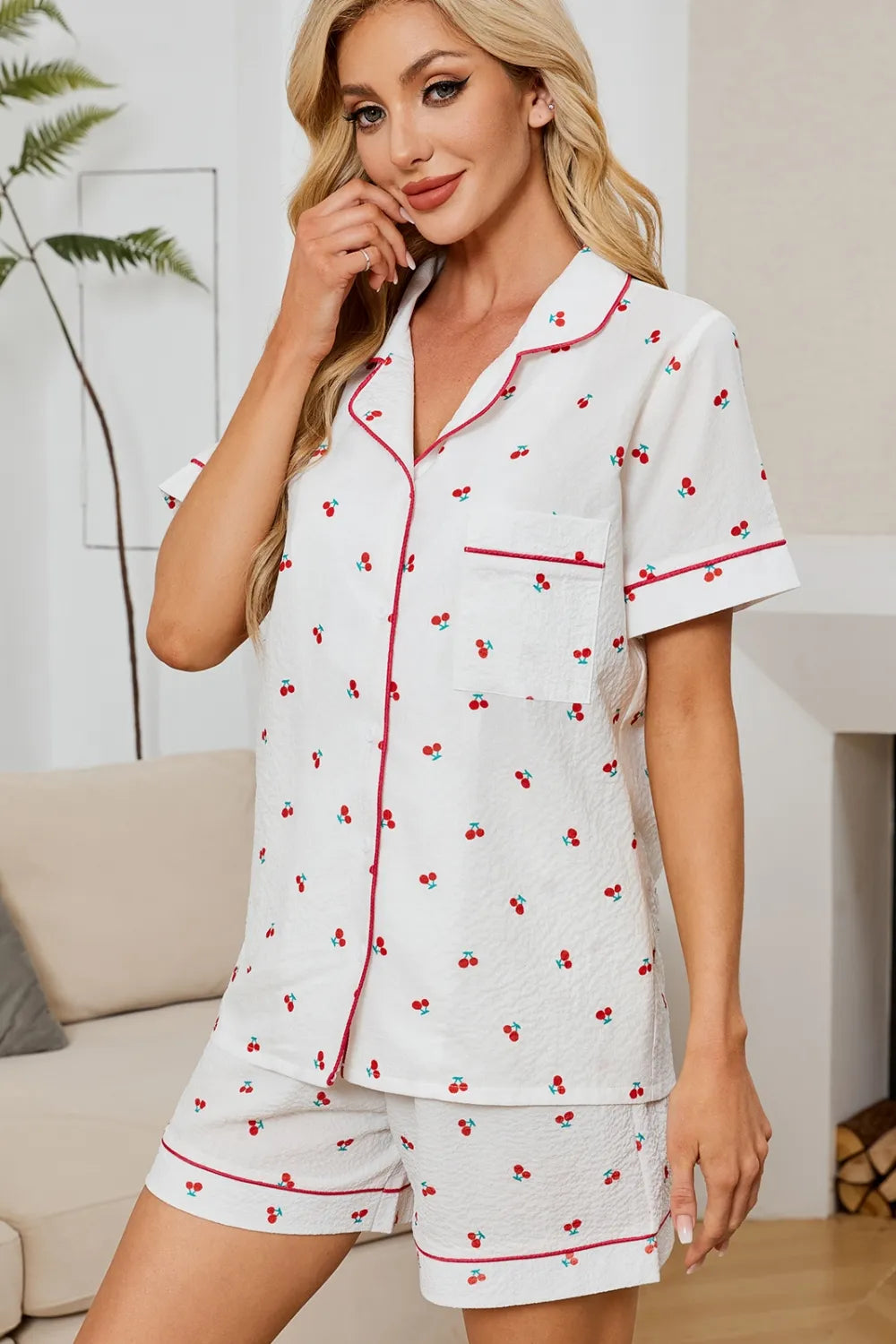 Cheery Print Collared Neck Top and Shorts Lounge Set Lingerie & Nightwear