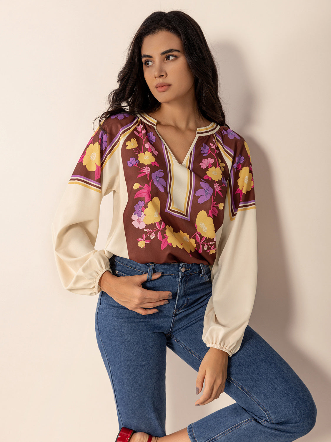 Printed Notched Long Sleeve Blouse 