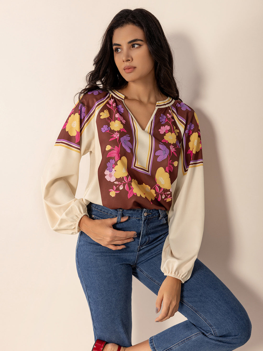 Printed Notched Long Sleeve Blouse 