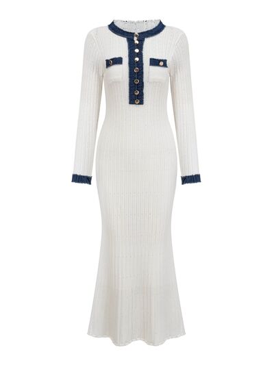 Contrast Trim Round Neck Long Sleeve Sweater Dress Dresses