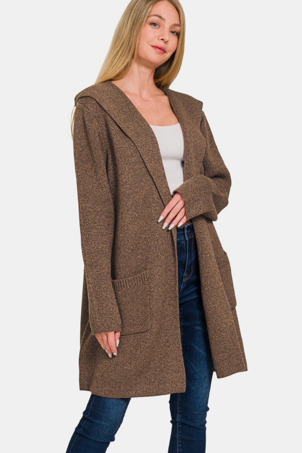 Zenana Hooded Open Front Sweater Cardigan 