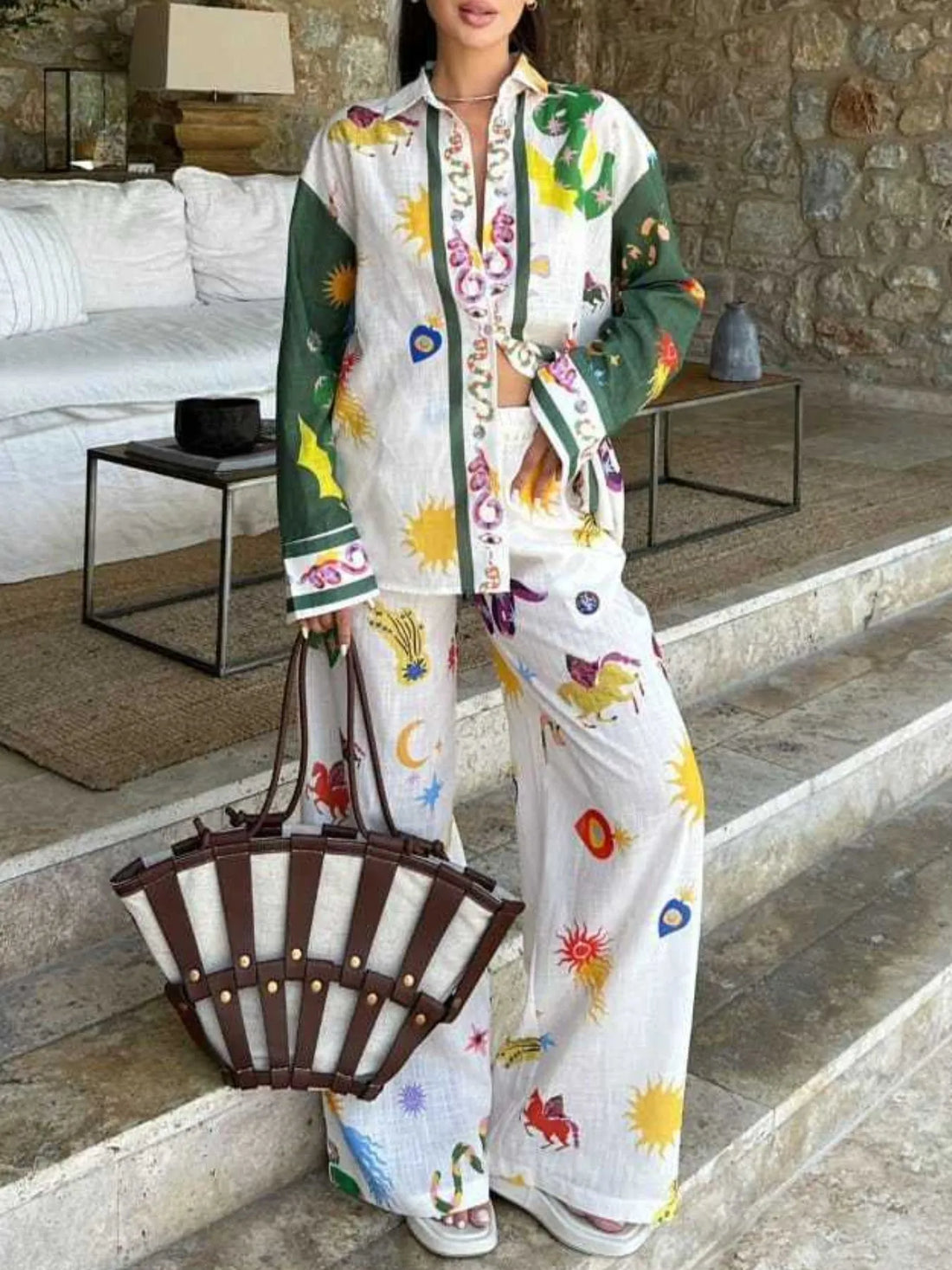 Printed Button Down Shirt and Pants Set Two Piece Dresses