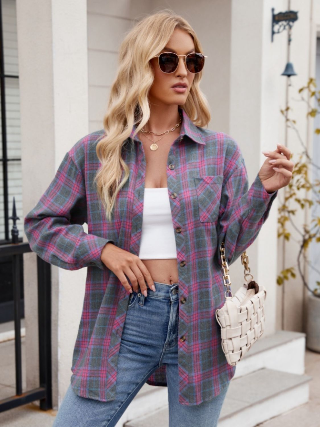 Mandy Pocketed Plaid Collared Neck Long Sleeve Shirt 
