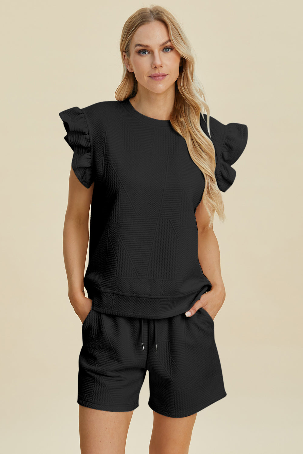 Double Take Full Size Texture Round Neck Ruffle Sleeve Top and Shorts Set 