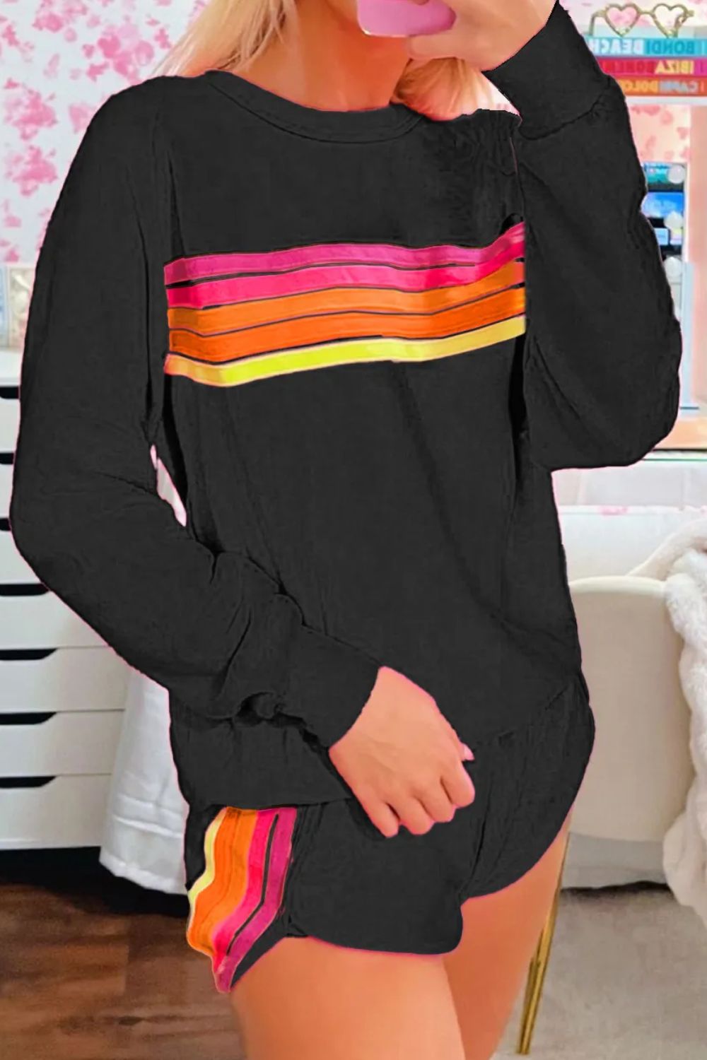 Full Size Contrast Striped Round Neck Top and Shorts Set 