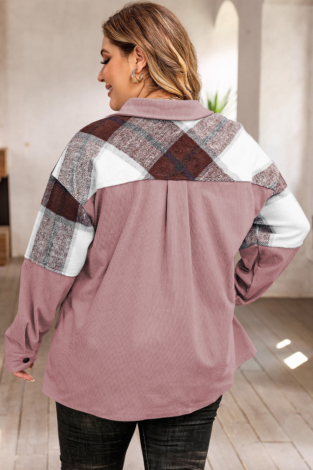 Plus Size Plaid Snap Down Jacket with Pockets 