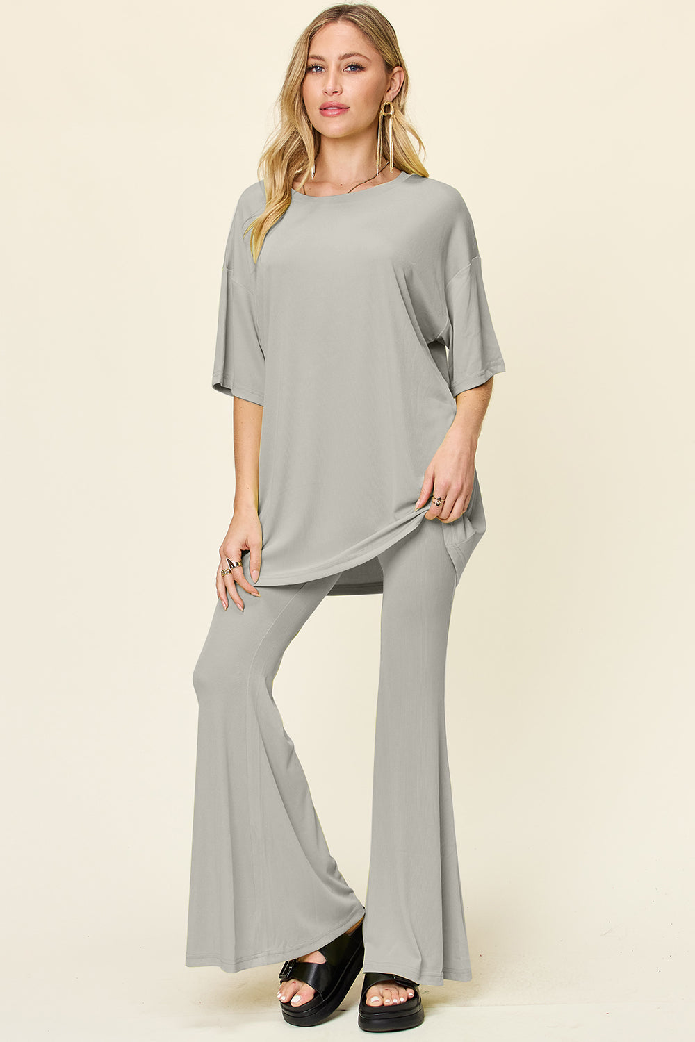 Double Take Full Size Round Neck Drop Shoulder T-Shirt and Flare Pants Set 