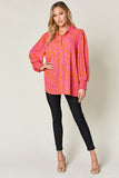 Double Take Full Size Printed Smocked Long Sleeve Blouse 
