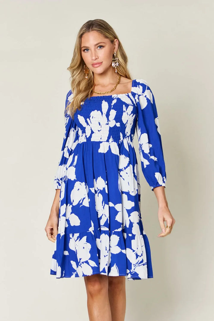 Double Take Full Size Floral Ruffle Hem Smocked Dress with Pockets 