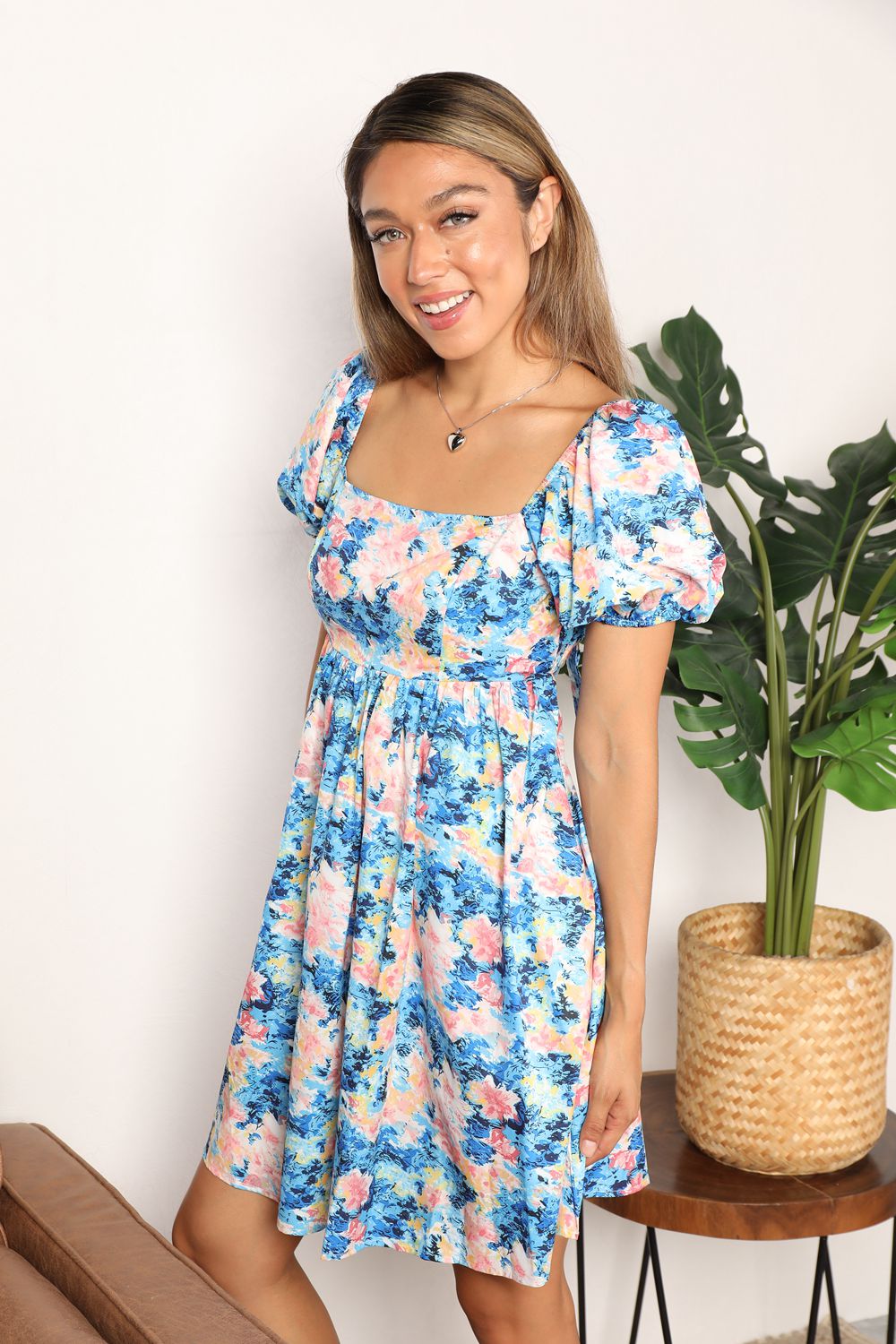 Honey Floral Square Neck Puff Sleeve Dress 
