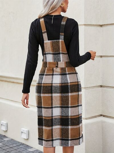 Slit Plaid Wide Strap Overall Dress Dresses