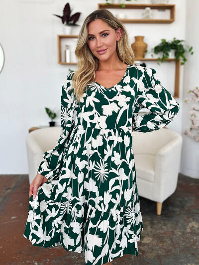 Double Take Full Size Printed Ruffle Hem Dress with Pocket 