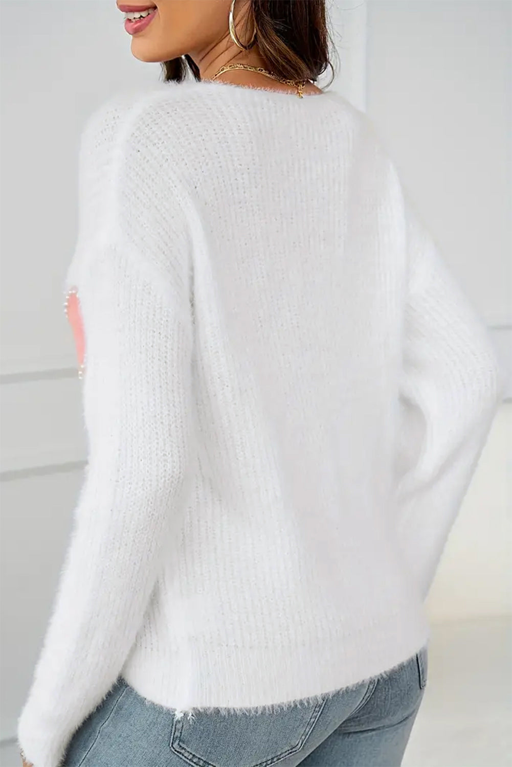 White Pearl Beaded Heart Pattern Fuzzy V Neck Sweater Sweaters & Cardigans/Sweaters
