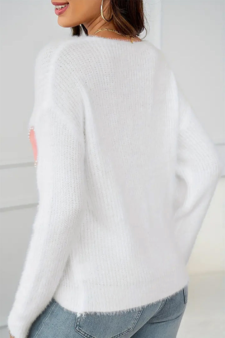 White Pearl Beaded Heart Pattern Fuzzy V Neck Sweater Sweaters & Cardigans/Sweaters