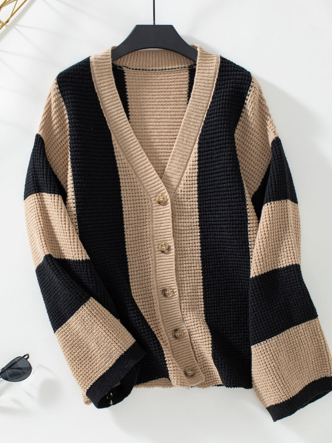 Waffle-Knit V-Neck Striped Long Sleeve Cardigan 