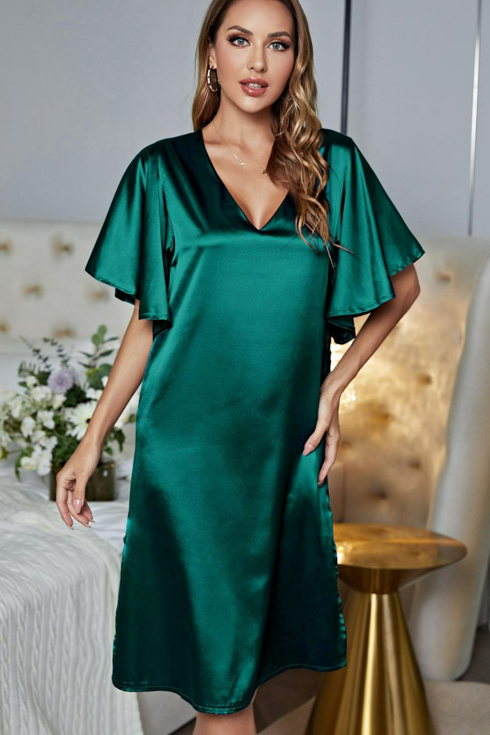 Satin Flutter Sleeve Side Slit V-Neck Night Dress 