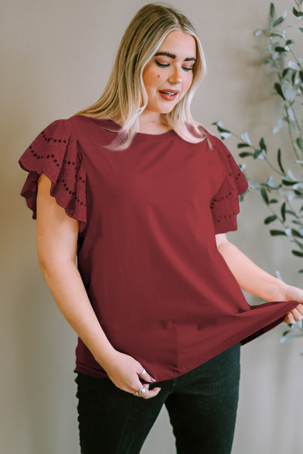 Plus Size Eyelet Round Neck Short Sleeve Blouse 