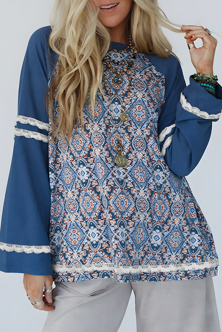 Blue Geometric Printed Lace Patchwork Ric Rac Raglan Long Sleeve Top Tops/Long Sleeve Tops