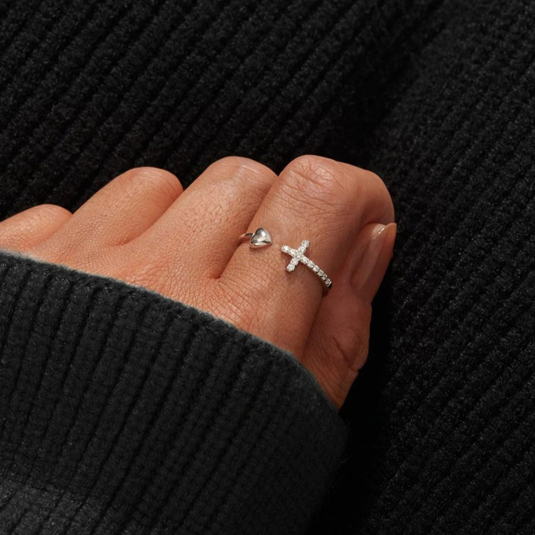 Heart Shape Cross Inlaid Zircon Open Ring 