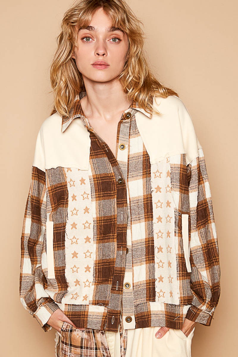 POL Plaid & Star Patchwork Contrast Long Sleeve Shacket 