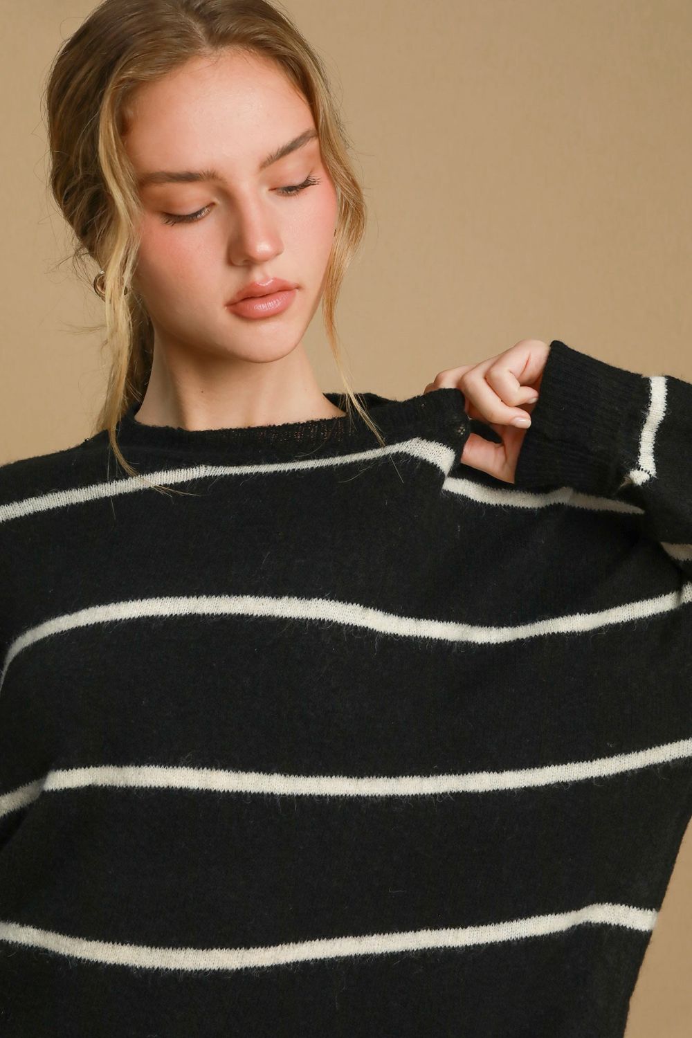 Umgee Wool Blend Striped Round Neck Sweater 