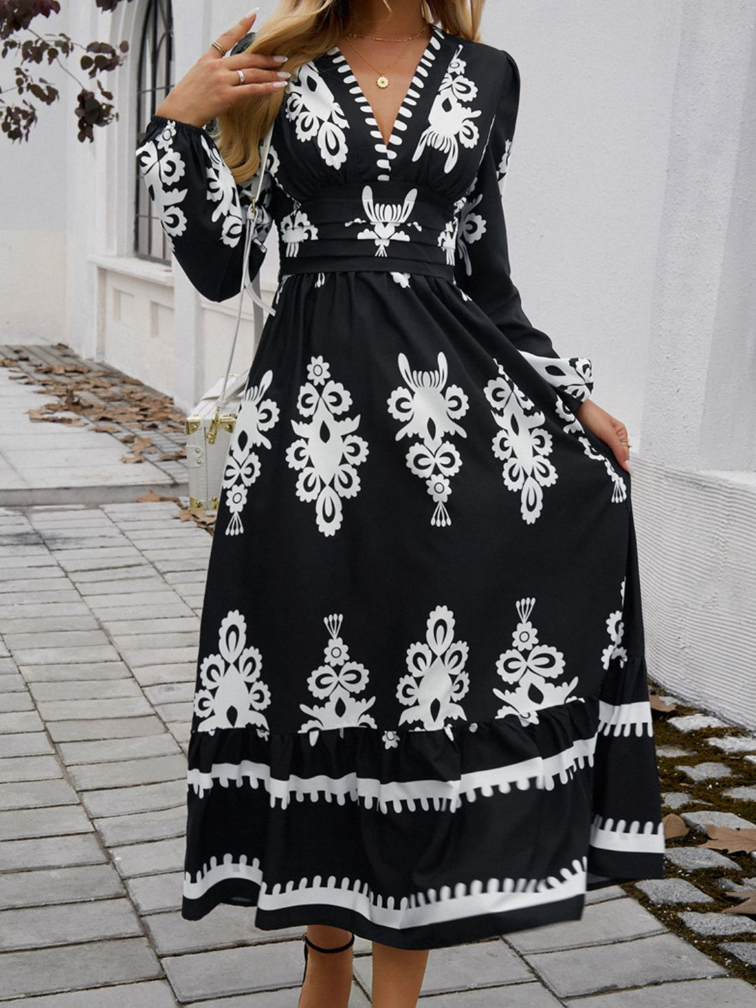 Devine Ruffled Printed Plunge Long Sleeve Dress 