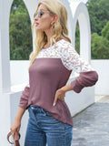 Waffle-Knit Lace Round Neck Long Sleeve T-Shirt 