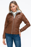 YMI Removable Faux Layered Multi-Pocket Jacket with Fuzzy Hood 