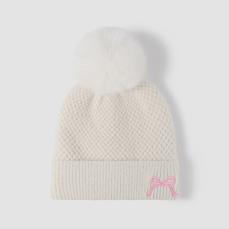 Thermal Bow Knit Hat with Pompom 
