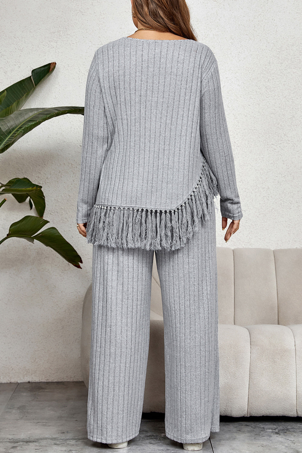 Honey Plus Size Tassel Hem Top and Pants Set 