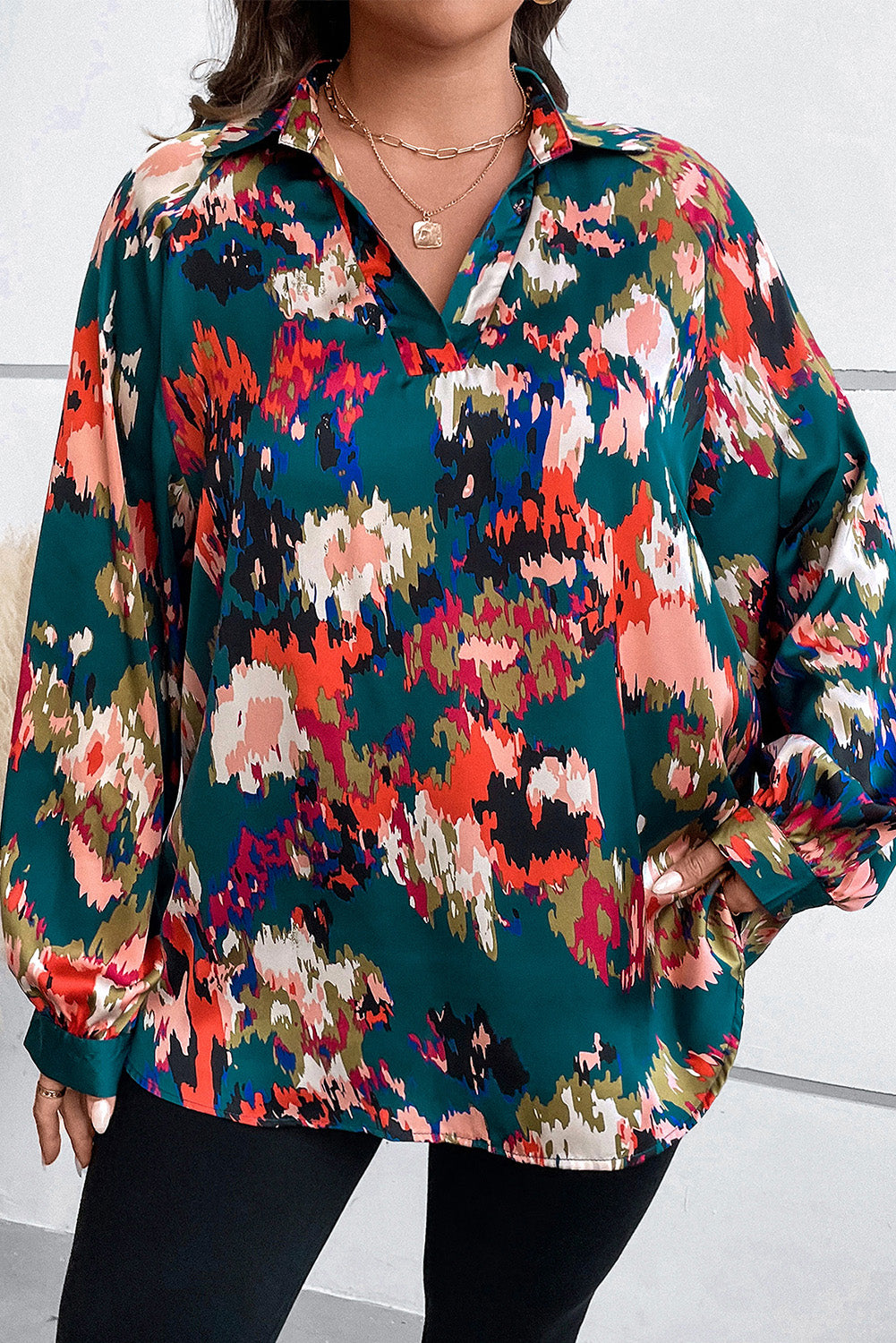 Plus Size Printed Johnny Collar Long Sleeve Blouse 