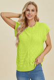 Double Take Full Size Cable-Knit Round Neck Cap Sleeve Sweater 