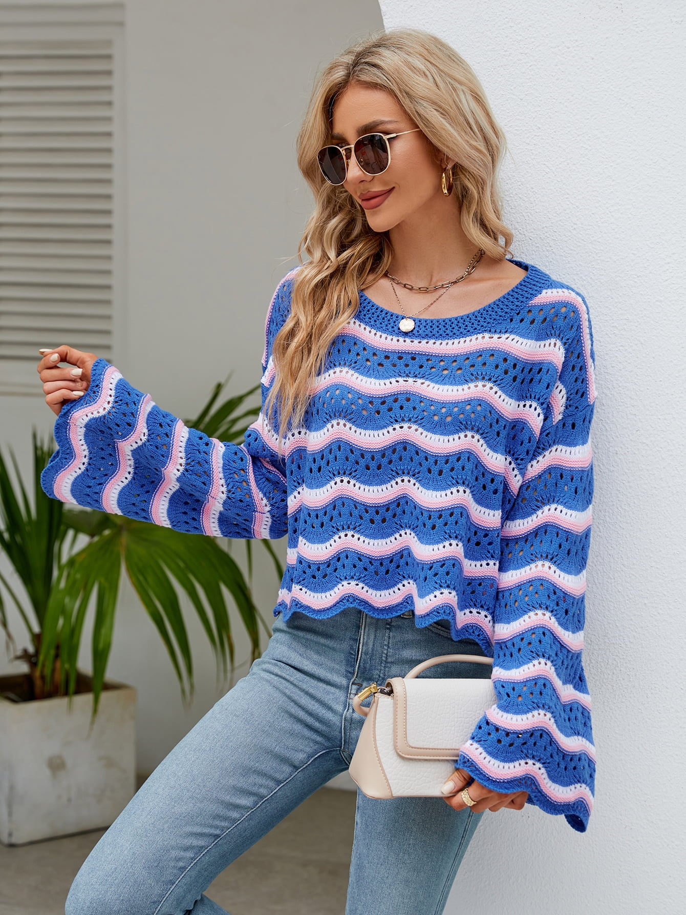 Round Neck Openwork Flare Sleeve Knit Top 
