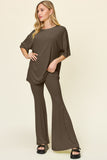 Double Take Full Size Round Neck Drop Shoulder T-Shirt and Flare Pants Set 