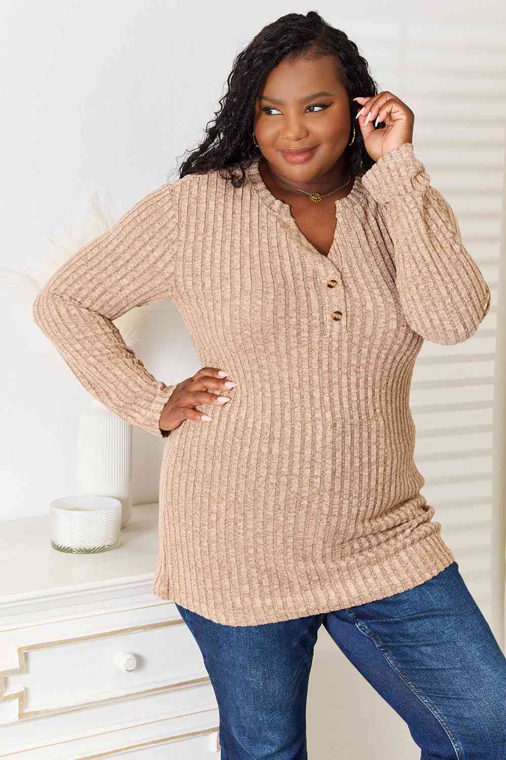 Double Take Notched Neck Ribbed Long Sleeve T-Shirt 