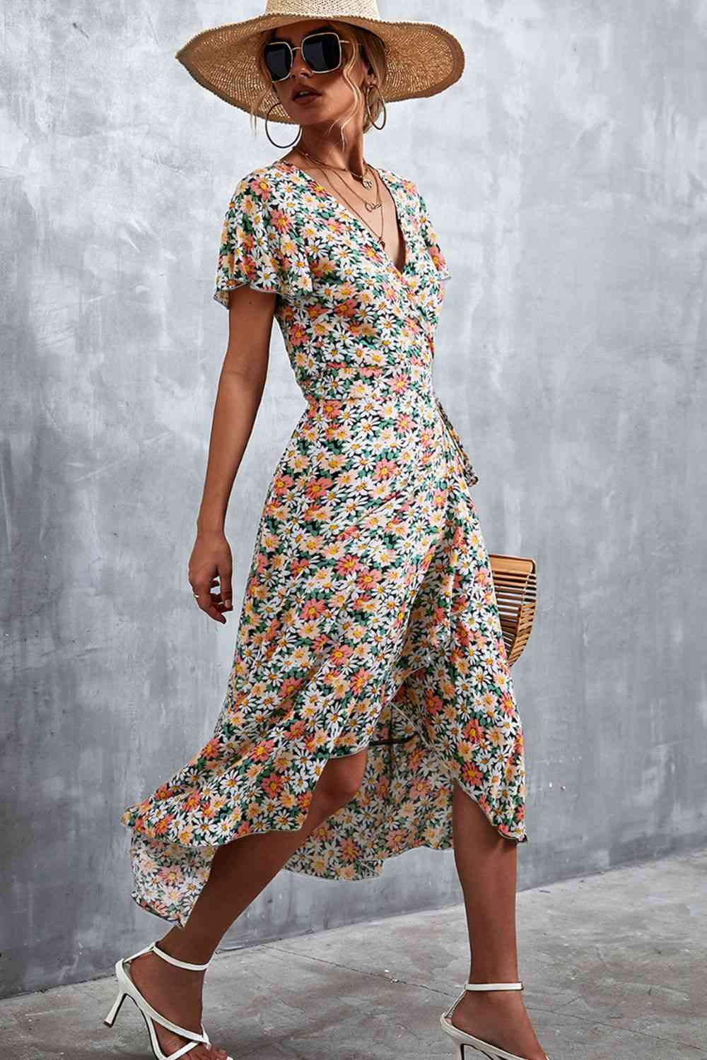 Floral Surplice Neck Tied Midi Dress Dresses