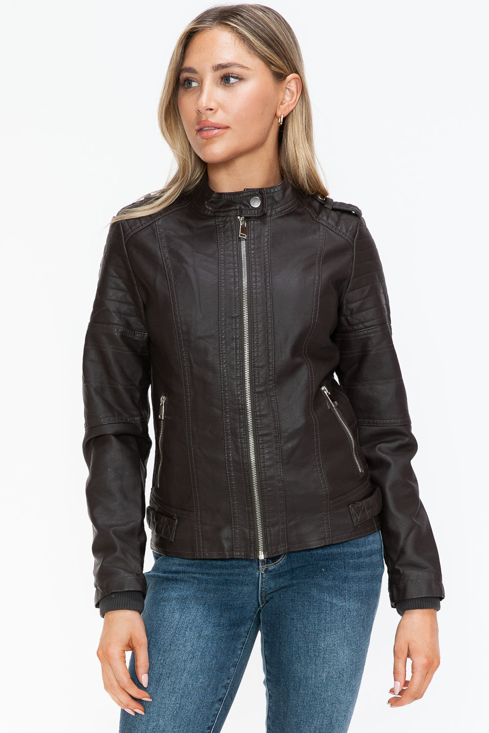 Snobbish PU Leather Biker Jacket with Side Zip Pockets 